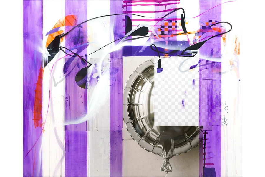 Ballone versperren mir den Ausblick aufs Schöne - Papier, Öl, Acryl und Harz auf Metall, 2025, 160 x 200 cm, 2025