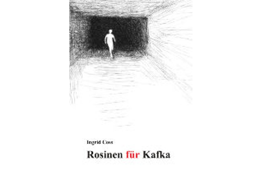 Foto: SoralPro Verlag Buchcover: Bleistiftzeichnung einer Person, die in ein dunkles Loch geht. Titel: Rosinen für Kafka. Autor: Ingrid Coss. Stil: Abstrakt, expressiv.